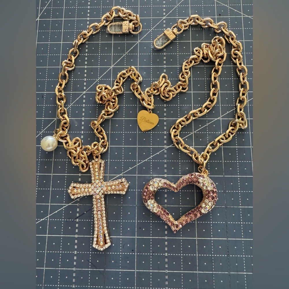 Jacqueline Kent gold + rhinestone necklace with heart and cross charms!! NEW!!